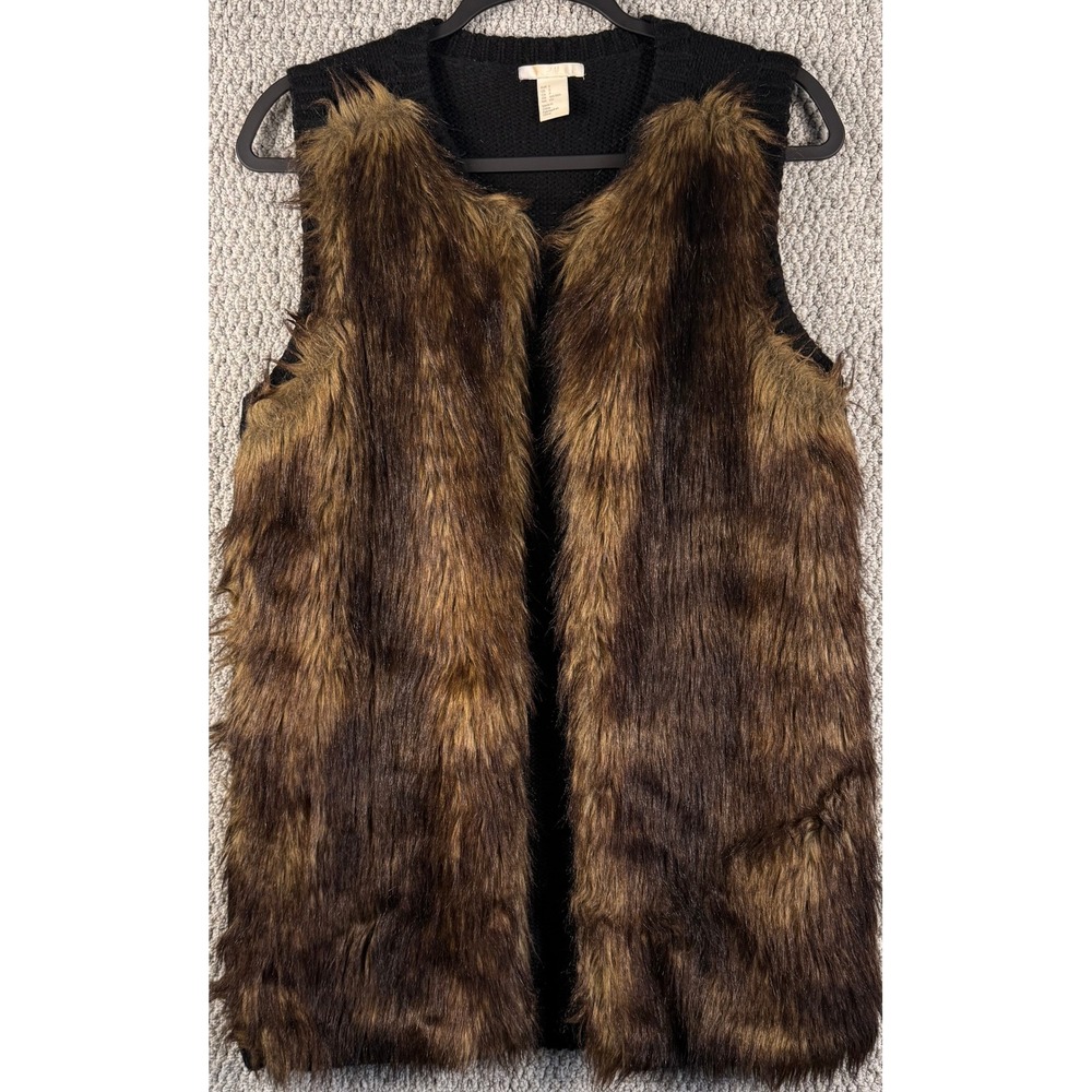 H&M Faux Fur Sweater Vest Small Brown Black Boho Knit Layering Sleeveless Jacket